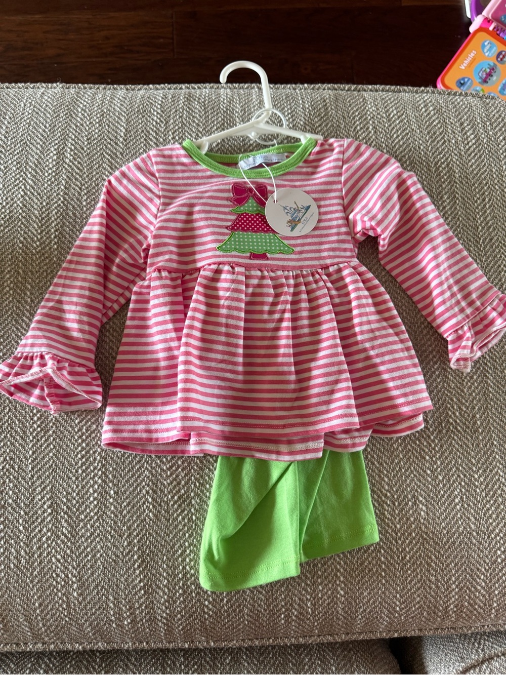 Pink & White Striped set with Christmas tree Applique
